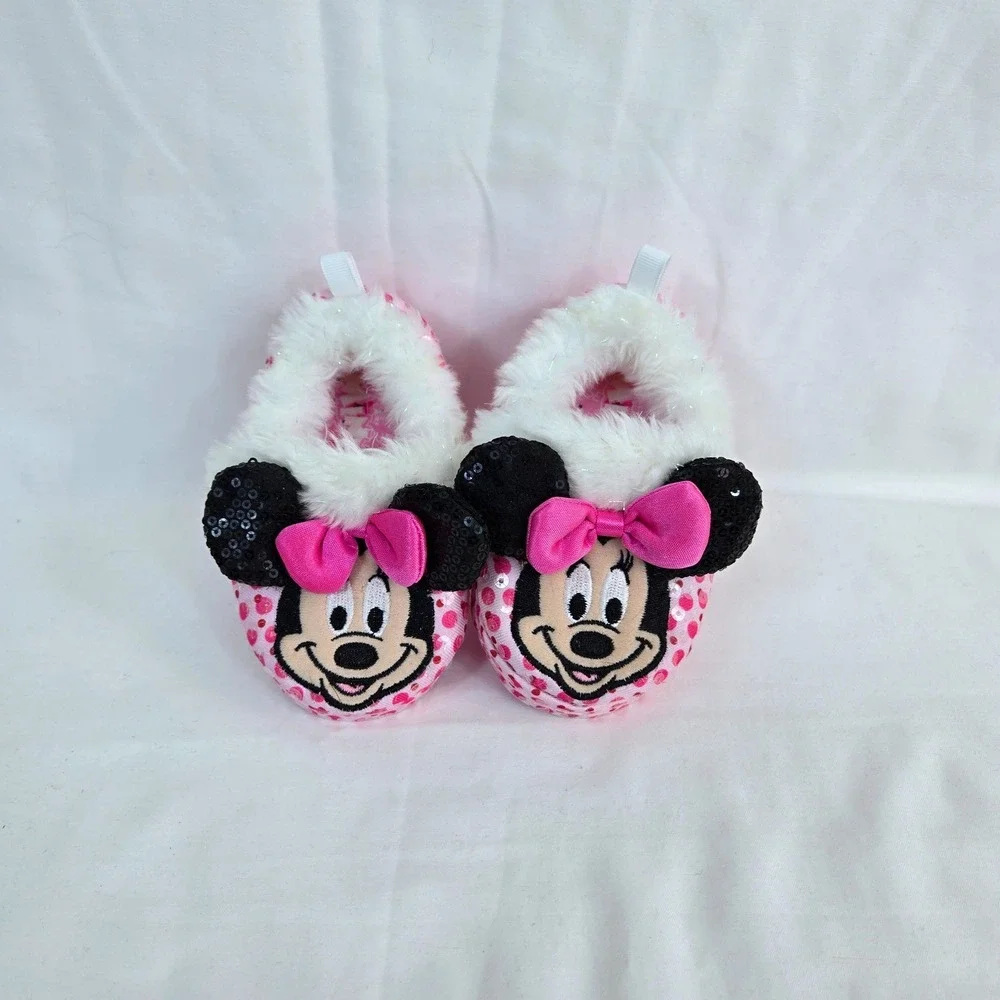 Disney Toddler Girls Minnie Mouse Pink Sequin Faux Fur Slipper Booties Small 5/6